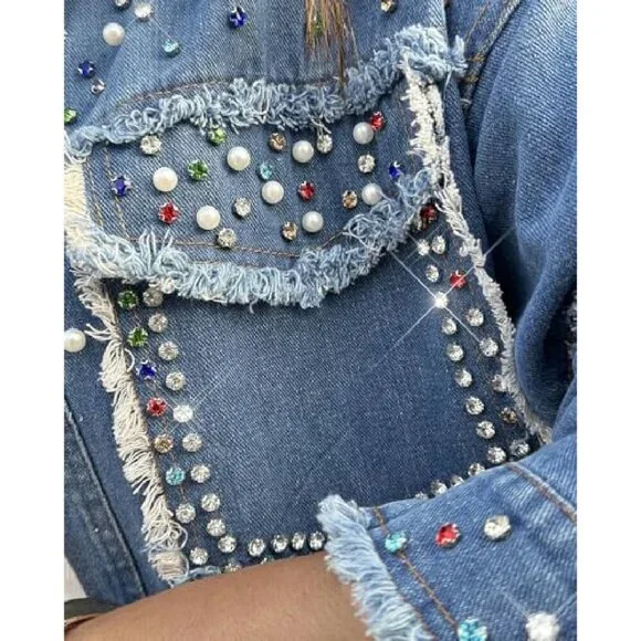 Oversized Denim Jacket with Sequin Pockets, Long Sleeve Casual Shacket - Picture 5 of 8